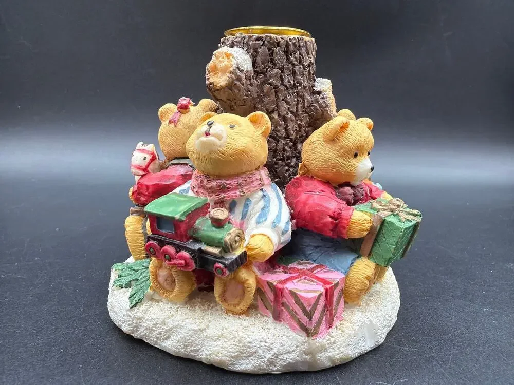 Vintage Teddy Bear Christmas Votive Candle Holder Resin Toys Tree Stump 3.5”x4”